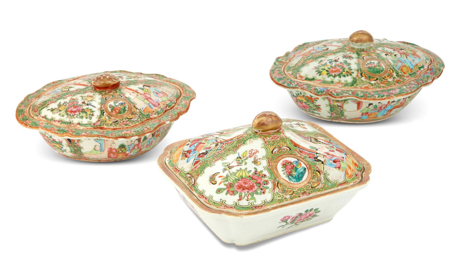 Three Chinese Rose Medallion Porcelain Covered Vegetable Dishes (1 of 4)