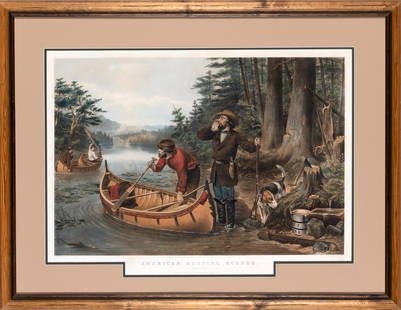 Currier & Ives, publishers AMERICAN HUNTING SCENES: AN EARLY START Hand-colored lithgoraph after: Currier & Ives, publishers AMERICAN HUNTING SCENES: AN EARLY START Hand-colored lithograph after Arthur Fitzwilliam Tait, 1863, framed. Image 18 5/8 x 27 3/8 inches; 473 x 695 mm. Frame 29 5/8 x 38 1/