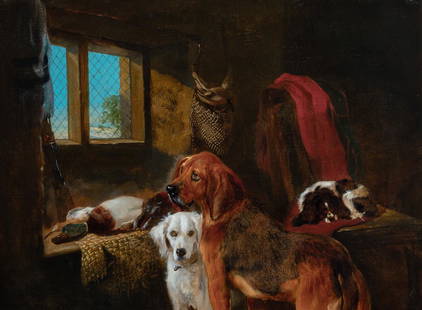 George William Horlor British, 1823-1895 The Gamekeeper's Cottage (Bloodhound, English Setter &: George William Horlor British, 1823-1895 The Gamekeeper's Cottage (Bloodhound, English Setter & Tri-colored Cavalier), 1851 Signed and dated G. W. Horlor/1851 (ll) Oil on canvas 18 x 24 inches (45.7 x