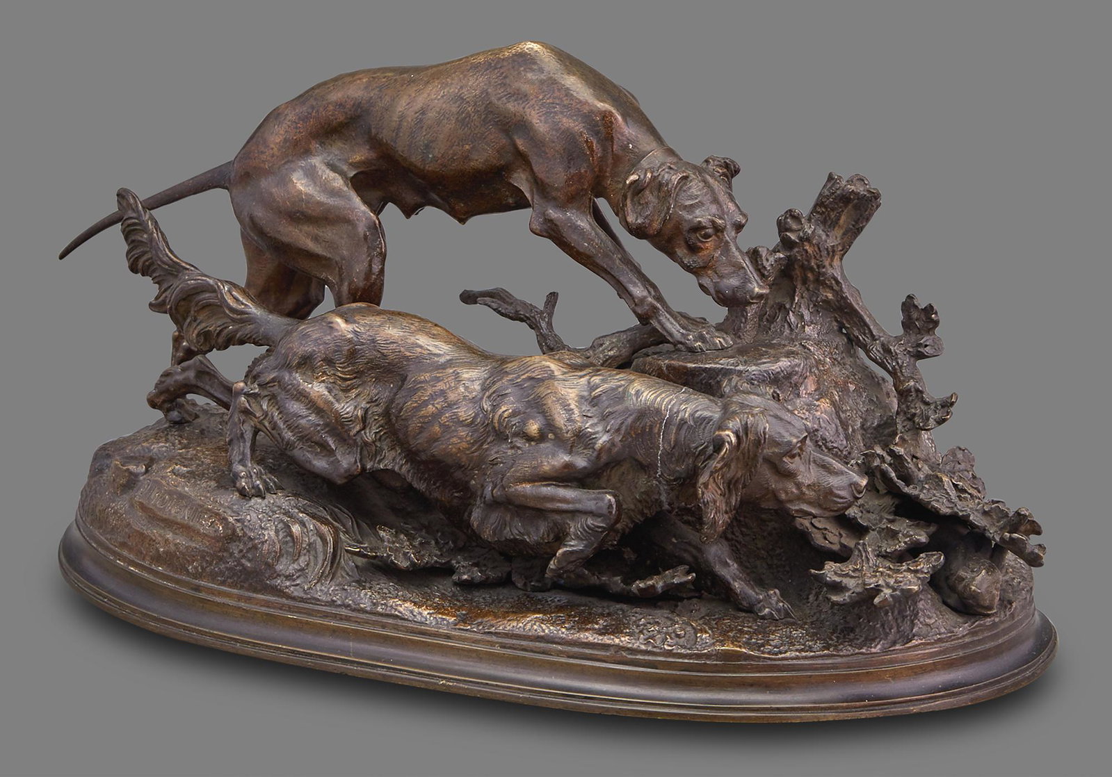 Jules Moigniez French, 1835-1894 Pointing a Rabbit (Pointer & Setter): Jules Moigniez French, 1835-1894 Pointing a Rabbit (Pointer & Setter) Signed J. MOIGNIEZ on the base Bronze with dark brown patina Height 7 7/8 (20 cm) Provenance: Mrs. Murray Horowitz, Long Island, N