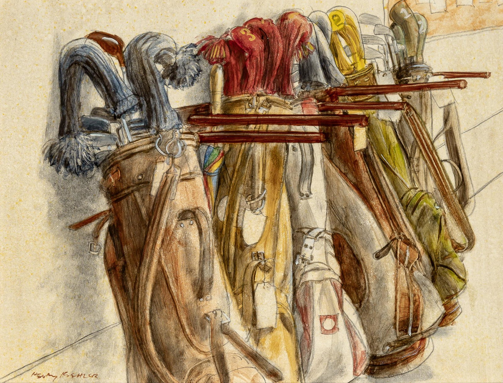 Henry Koehler American, 1927-2018 Waiting Golf Bags, 1994 Signed Henry Koehler (ll); signed Henry: Henry Koehler American, 1927-2018 Waiting Golf Bags, 1994 Signed Henry Koehler (ll); signed Henry Koehler, dated 1994, and inscribed as titled on the verso Oil on paper 11 x 14 inches (27.9 x 35.6 cm)