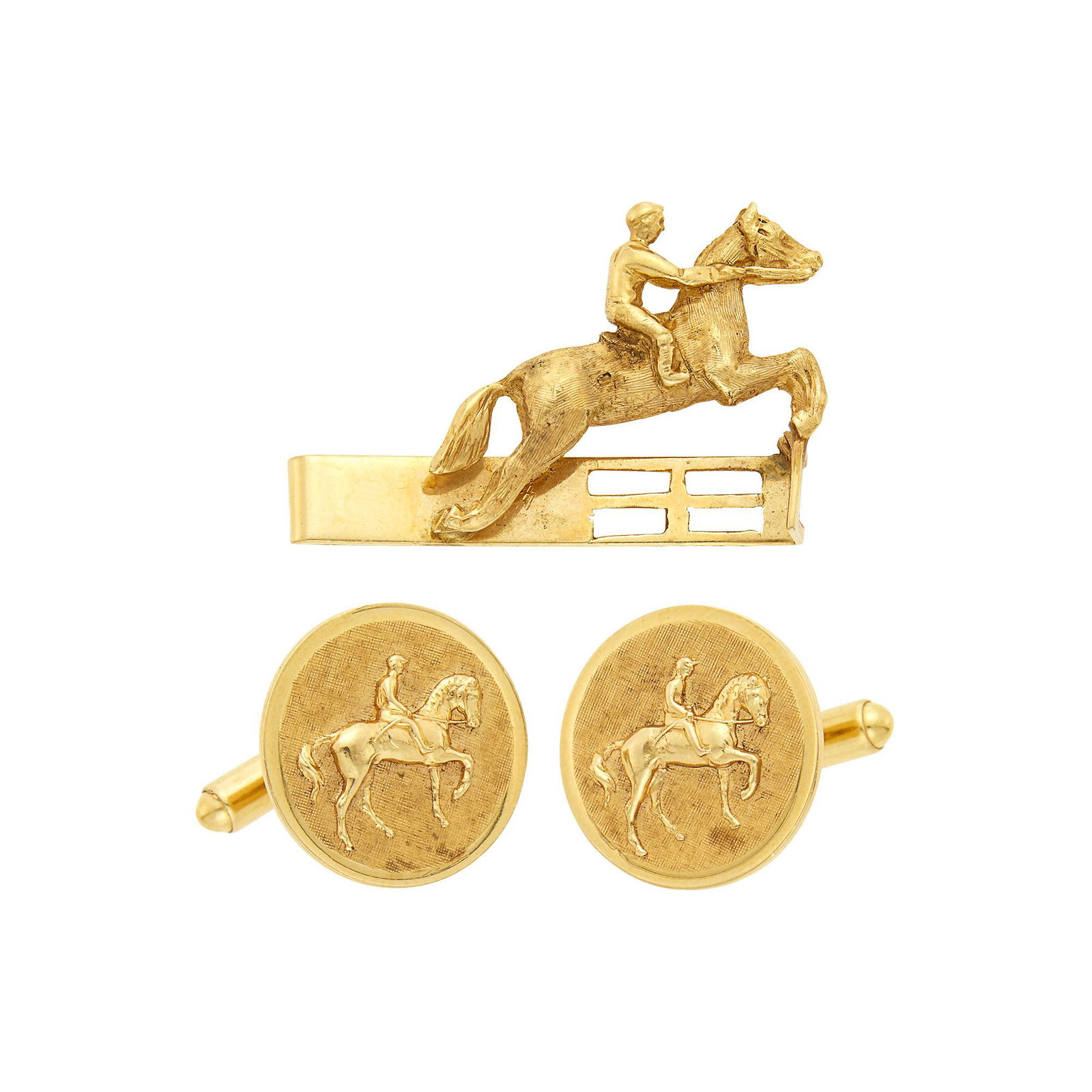 Pair of Gold Equestian Cufflinks and Tie Clip (1 of 1)