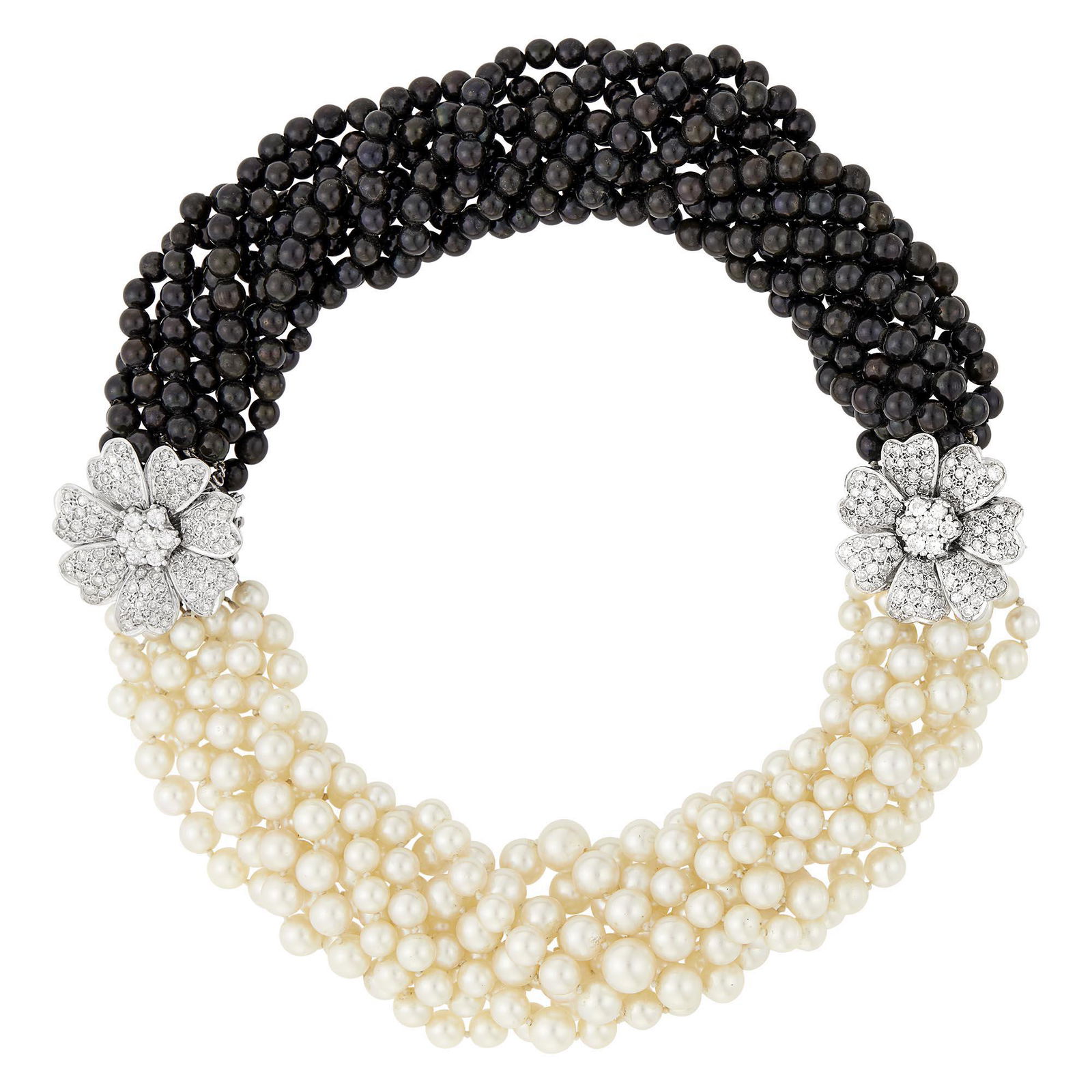 Multistrand White and Dyed Black Cultured Pearl, White Gold and Diamond Flower Torsade (1 of 1)