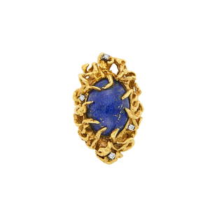 Attributed to Arthur King Gold, Lapis and Diamond Ring: Attributed to Arthur King Gold, Lapis and Diamond Ring One oval lapis ap. 19.3 x 14.6 mm., 4 single-cut diamonds ap. .10 ct., unsigned, ap. 16.6 dwts. Size 9. C