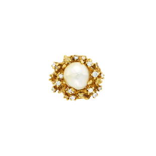 Arthur King Gold, Baroque South Sea Cultured Pearl, Diamond and Colored Diamond Ring: Arthur King Gold, Baroque South Sea Cultured Pearl, Diamond and Colored Diamond Ring 18 kt., one pearl ap. 13.2 x 12.6 mm., 20 round diamonds and green, brown and yellow diamonds ap. 1.00 cts., signed