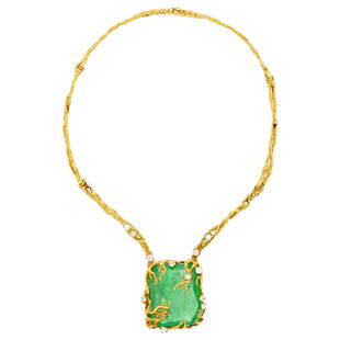 Arthur King Gold, Emerald and Diamond Pendant-Necklace: Arthur King Gold, Emerald and Diamond Pendant-Necklace 18 kt., one emerald-cut emerald ap. 65.50 cts., 13 round diamonds ap. 1.45 cts., signed King, ap. 40.7 dwts. gross. Length 14 3/4 inches. C