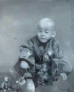 Li Tianbing Chinese, b. 1974 Enfant avec les Jouéx #6, 2006: Li Tianbing Chinese, b. 1974 Enfant avec les Jouéx #6, 2006 Signed Li Tianbing (lr), signed and dated Li Tianbing 2006 and inscribed as titled on the reverse Oil and ink on canvas 63 3/4 x 51 inc