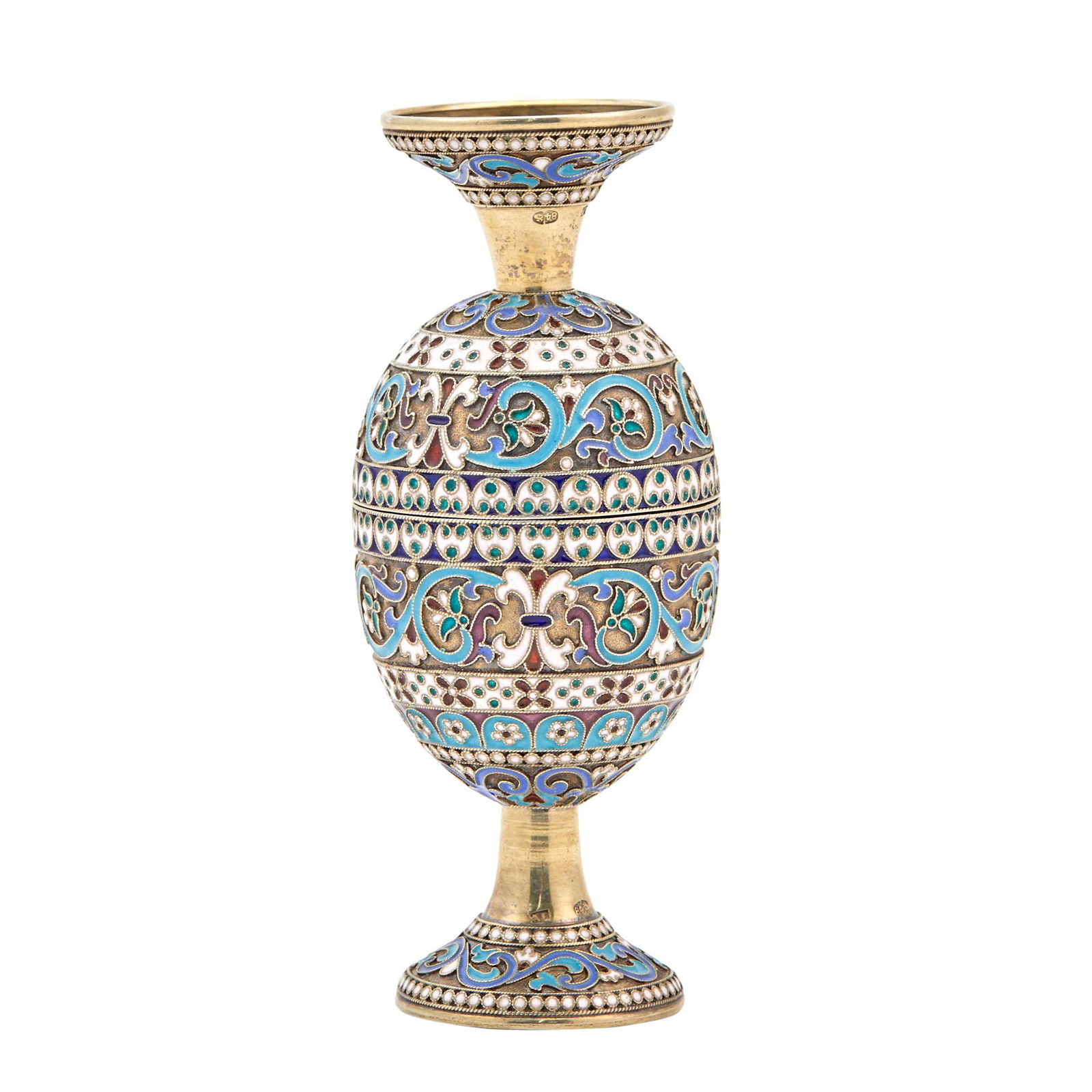 Russian Silver-Gilt and Cloisonné Enamel Egg Cup: Russian Silver-Gilt and Cloisonné Enamel Egg Cup Maker's mark Cyrillic A.G., Moscow, before 1899 Ovoid, each detachable half enameled with varicolored scrollwork and foliate motifs, dismantling t