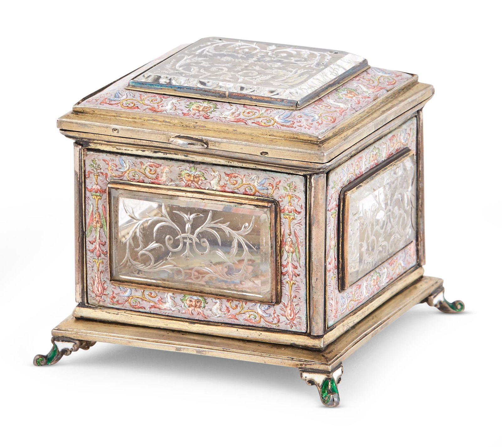 Austrian Silver, Enamel and Engraved Glass Box (1 of 7)