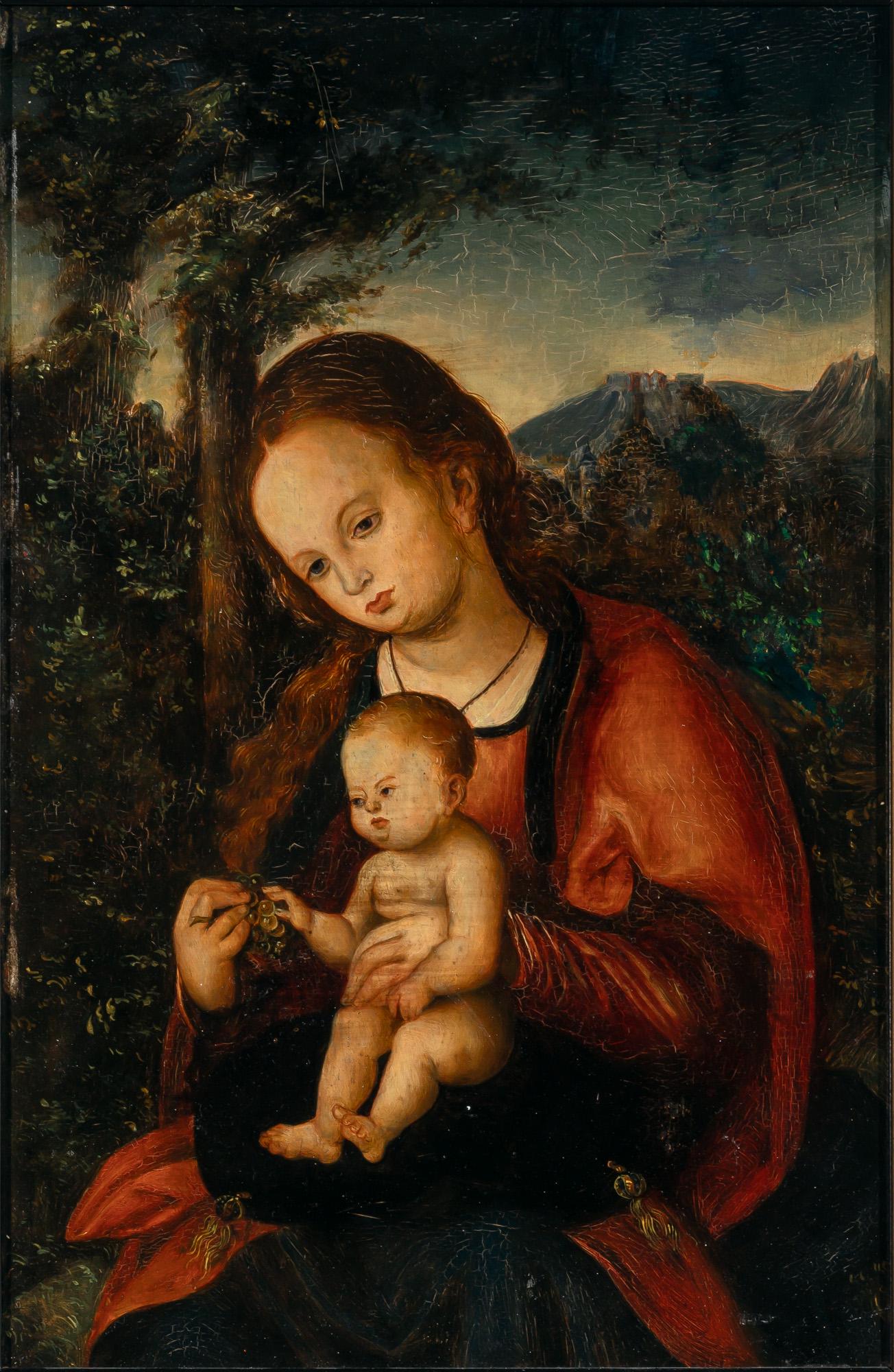 Follower of Lucas Cranach the Elder Madonna and Child in a Landscape: Follower of Lucas Cranach the Elder Madonna and Child in a Landscape Oil on panel 16 x 10 1/8 inches (40.7 x 25.72 cm) Provenance: Leopold Hess, Berlin The Boydell Galleries, Liverpool Private collect