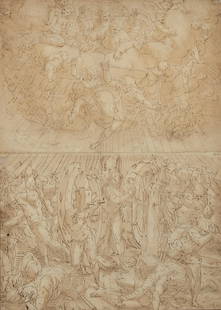 Attributed to Luca Cambiaso Saint Catherine Rescued from the Wheel: Attributed to Luca Cambiaso Saint Catherine Rescued from the Wheel Brown ink and wash on paper 27 3/4 x 20 inches (70.5 x 50.8 cm) Provenance: Private collection, New York Saint Catherine of Alexandri