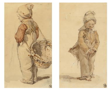 Attributed to Richard Parkes Bonington Enfants de Pêcheurs: Two works: Attributed to Richard Parkes Bonington Enfants de Pêcheurs: Two works Each inscribed with the letter "B" (one lr, the other ll) and stamped wth the collector's mark of Albert Beurdeley