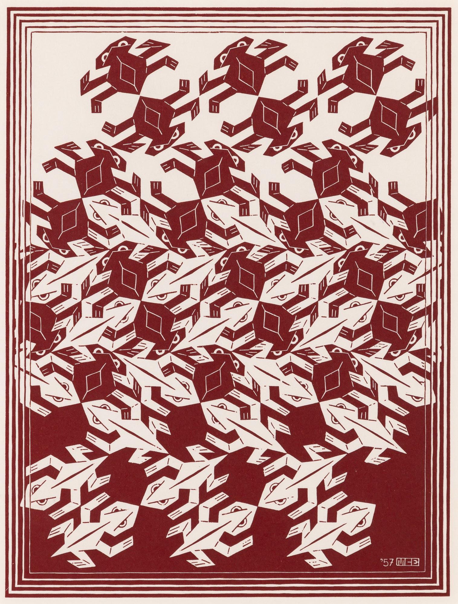 Maurits Cornelis Escher REGULAR DIVISION OF THE PLANE V (BOOL 420) Woodcut printed in red, framed: Maurits Cornelis Escher (1898-1972) REGULAR DIVISION OF THE PLANE V (BOOL 420) Woodcut printed in red, 1957, on wove paper, aside from the edition of 175, published by the De Roos Foundation, Utrecht,