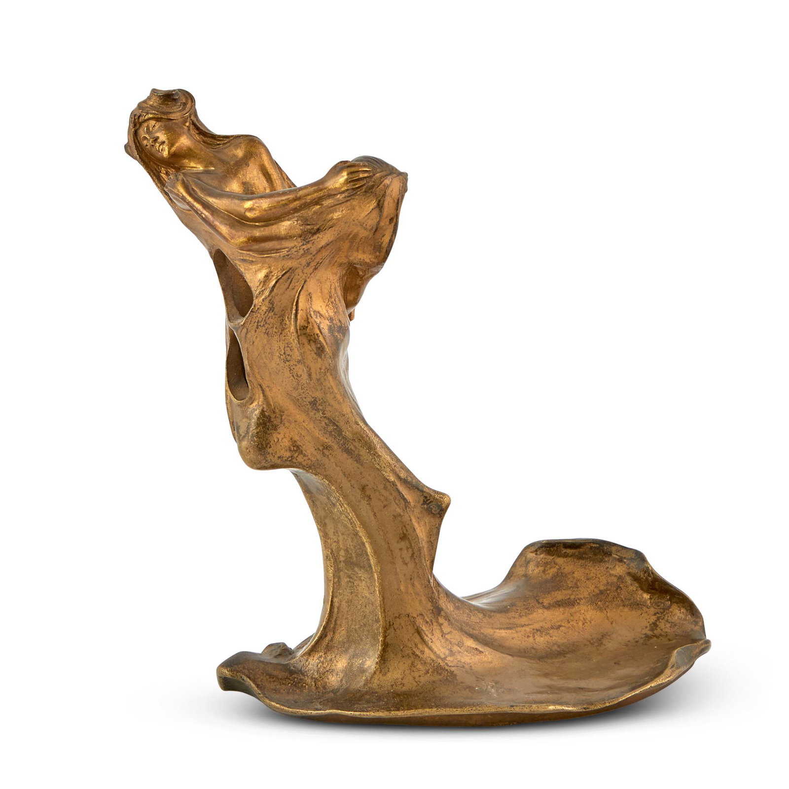 French Art Nouveau Gilt-Bronze Figural Desk Lamp Cast from a model by Georges Flamand, circa 1900: French Art Nouveau Gilt-Bronze Figural Desk Lamp Cast from a model by Georges Flamand, circa 1900 Modeled as two symbolist women in an anguished embrace and centering the light socket, inscribed G. Fl