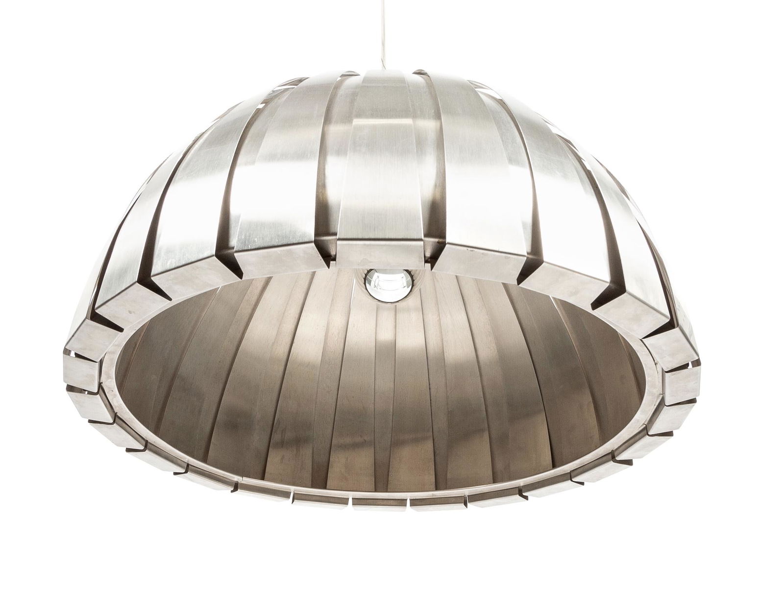 Elio Martinelli for Martinelli Luce Brushed Stainless Steel Calotta Pendant Lighting Fixture: Elio Martinelli for Martinelli Luce Brushed Stainless Steel Calotta Pendant Lighting Fixture Designed 1960s Unmarked. Height of shade 13 3/4 inches, diameter 21 3/4 inches. C
