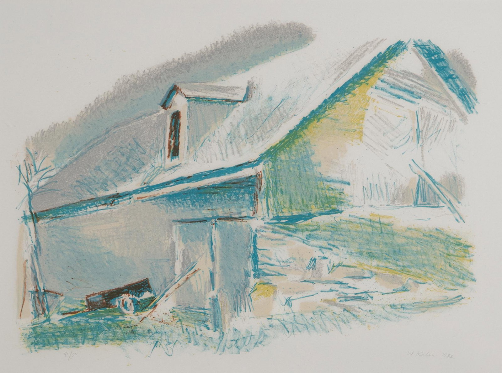 Wolf Kahn [THE GREEN BARN] Color lithograph, framed: Wolf Kahn (1927-2020) [THE GREEN BARN] Color lithograph, 1982, signed, dated and numbered 41/50 in pencil, framed. Image 16 1/2 x 22 inches Frame 28 1/2 x 33 1/2 inches •