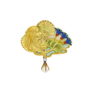 Eugene Feuillâtre Art Nouveau Gold, Enamel, Pearl and Diamond Pendant-Brooch, France: Eugene Feuillâtre Art Nouveau Gold, Enamel, Pearl and Diamond Pendant-Brooch, France 18 kt., scultped profile of female visage with flowing and braided hair adorned with a bandeau, grasping a fan