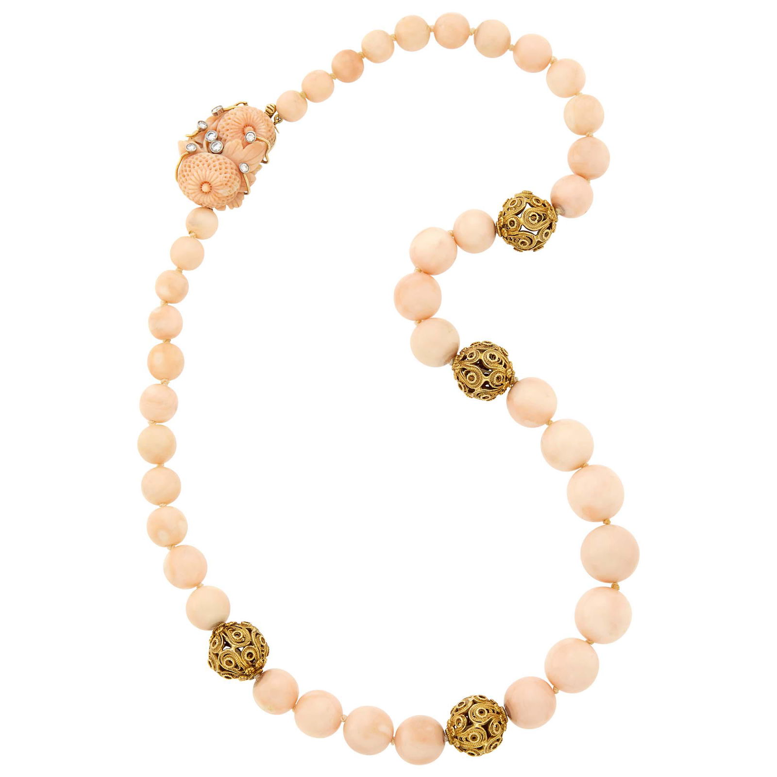 Angel Skin Coral and Gold Bead Necklace with Carved Coral, Gold, Platinum and Diamond Clasp (1 of 1)