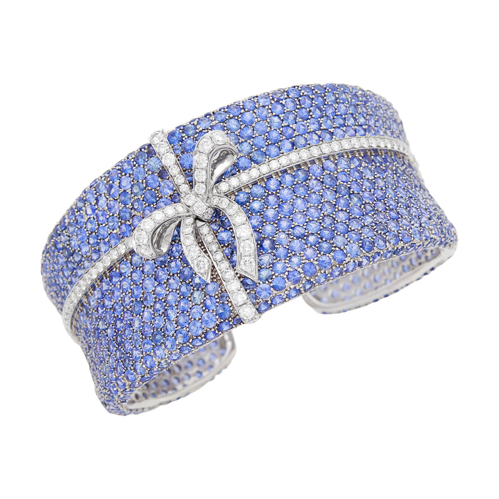 White Gold, Sapphire and Diamond Bow Cuff Bangle Bracelet (1 of 2)
