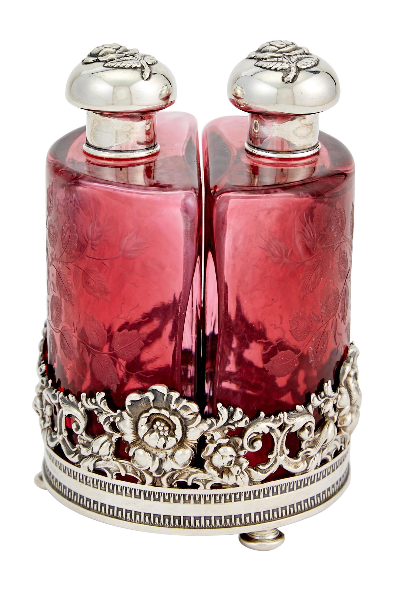 Pair of American Sterling Silver Mounted Ruby Glass Scent Bottles in a Fitted Stand (1 of 3)