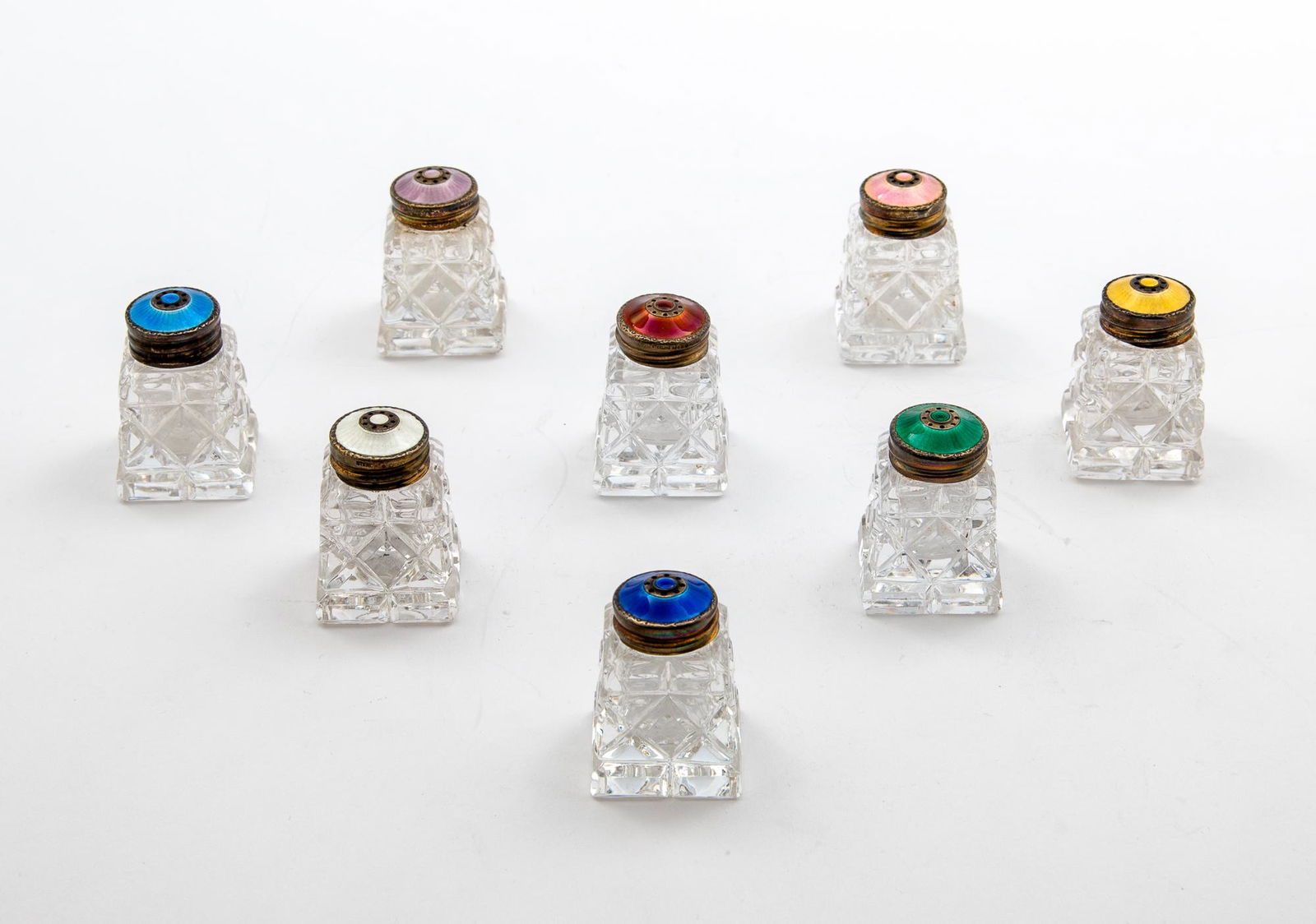 Set of Eight Norwegian Sterling Silver, Enamel and Glass Individual Salt and Pepper Shakers (1 of 4)