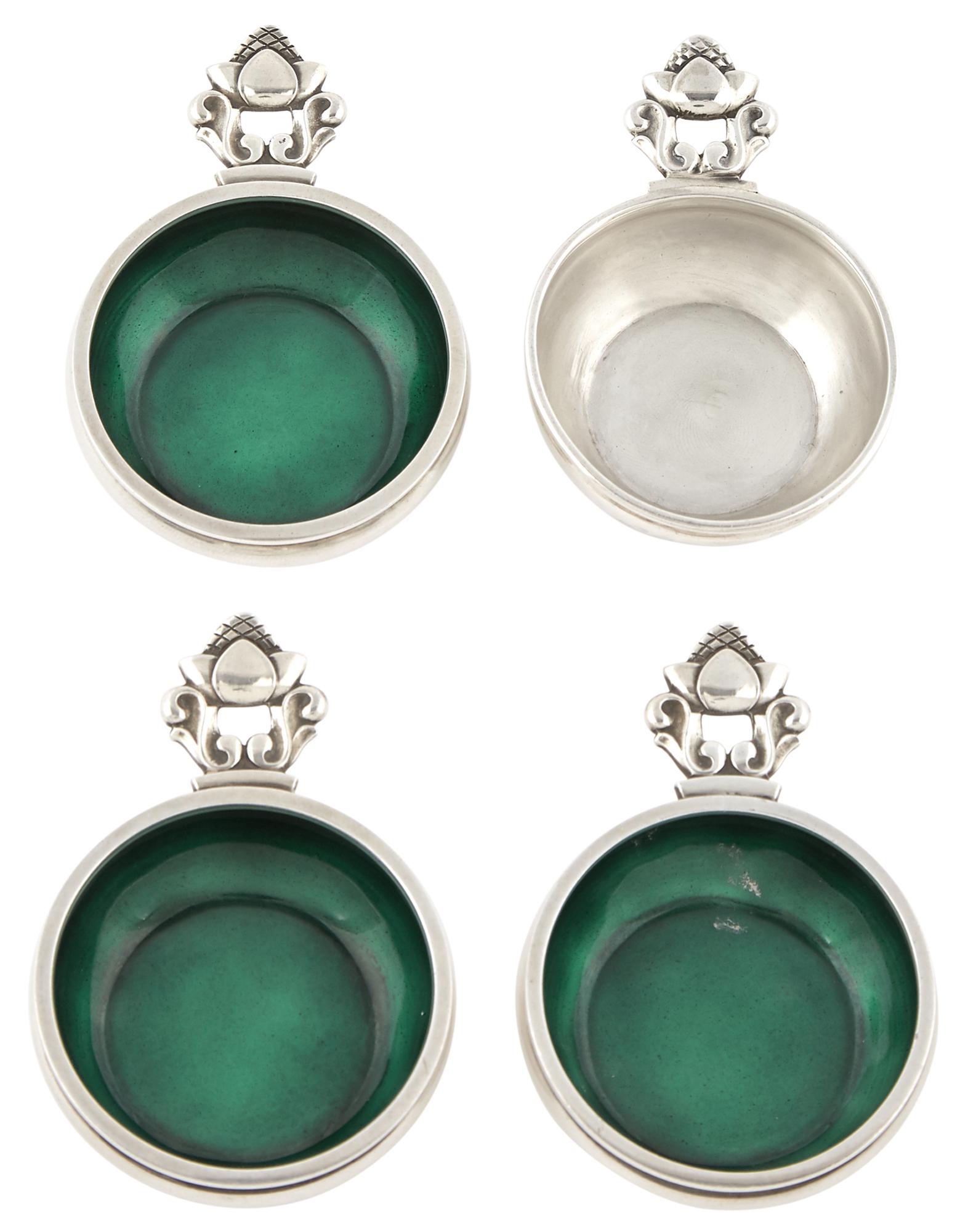 Set of Four Georg Jensen Sterling Silver and Green Enamel Acorn Pattern Open Salts (1 of 3)