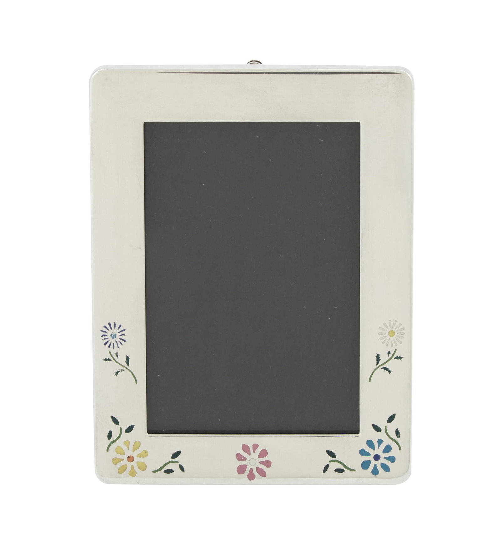 American Sterling Silver and Enamel Picture Frame: American Sterling Silver and Enamel Picture Frame Mid 20th century Rectangular the border with flowers. Height 4 inches, width 3 inches. C The Alice Kwartler Collection