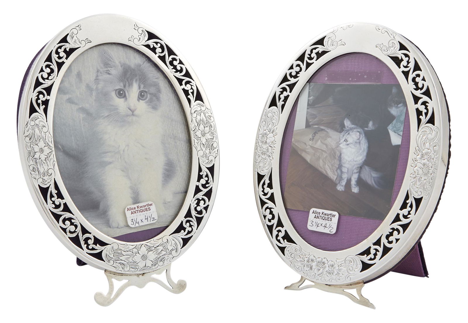 Pair of Similar American Sterling Silver Picture Frames: Pair of Similar American Sterling Silver Picture Frames I.N. Deitsch, 1920s Each oval with a pierced scroll and engraved flowers to rim. Height of each 6 1/2 inches, width 4 3/4 inches. C The Alice Kw