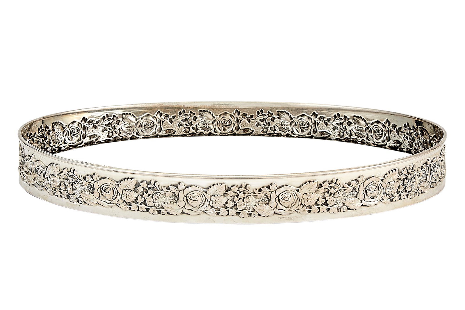 Italian Silver Mirrored Dresser Tray: Italian Silver Mirrored Dresser Tray 20th Century Oval with chased floral band. Length 12 1/2 inches. C The Alice Kwartler Collection