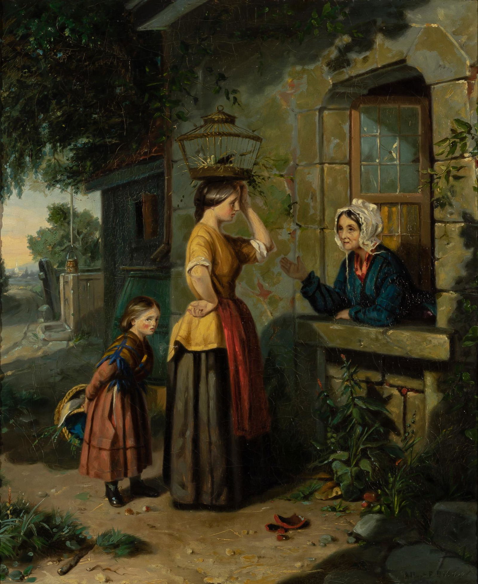 Albert Fitch Bellows American, 1829-1883 Bird Merchant and Daughter Chatting with a Woman in a: Albert Fitch Bellows American, 1829-1883 Bird Merchant and Daughter Chatting with a Woman in a Window Signed Albert F. Bellows and dated indistinctly (lr) Oil on canvas 26 x 21 3/4 inches (66 x 55.2 c