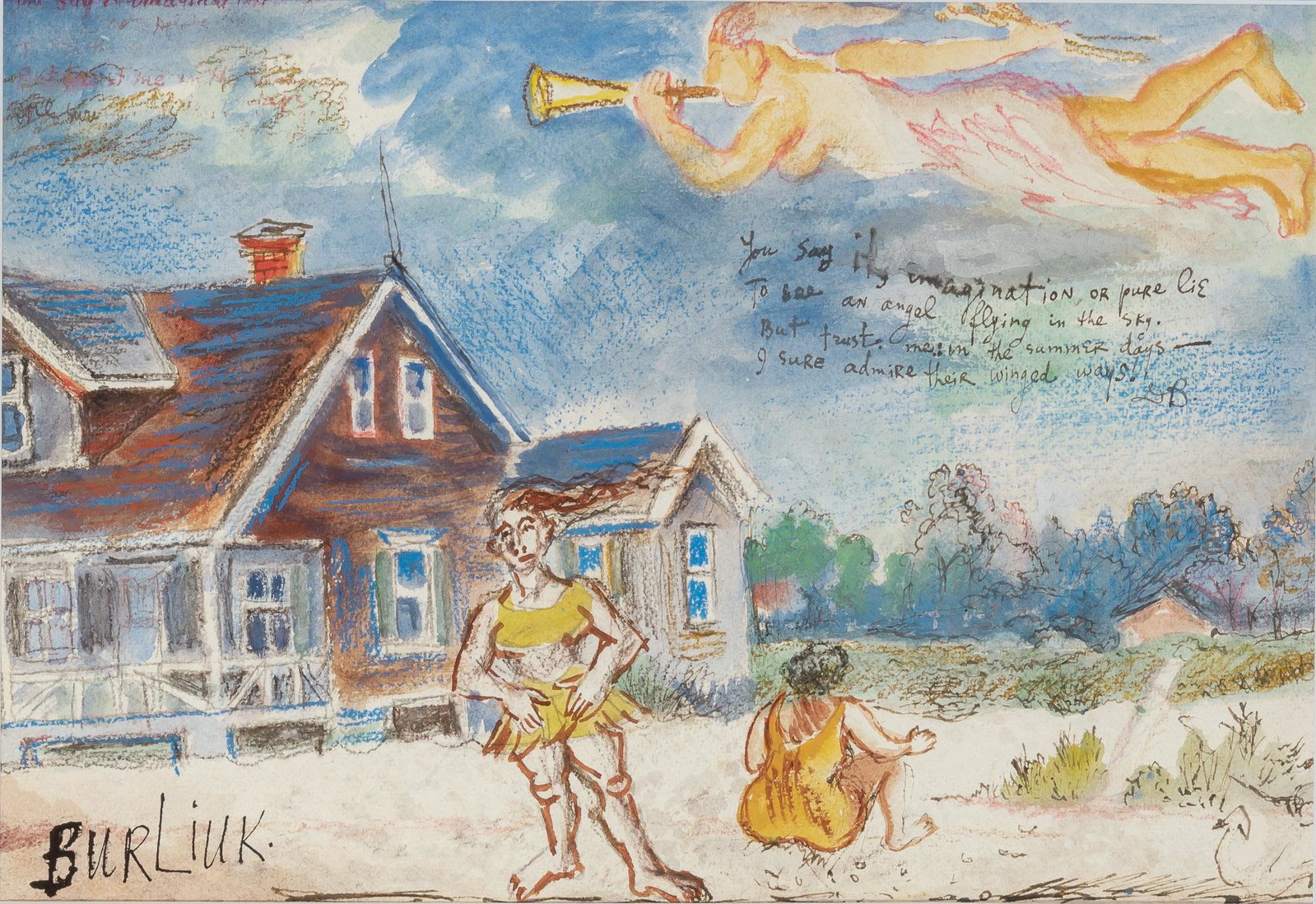 David Burliuk Ukrainian/American, 1882-1967 Angel: David Burliuk Ukrainian/American, 1882-1967 Angel Signed Burliuk (ll); indistinctly inscribed (ul); inscribed and initialed DB (cr) Watercolor and crayon on paper 11 x 15 3/4 inches (27.9 x 40 cm) C E