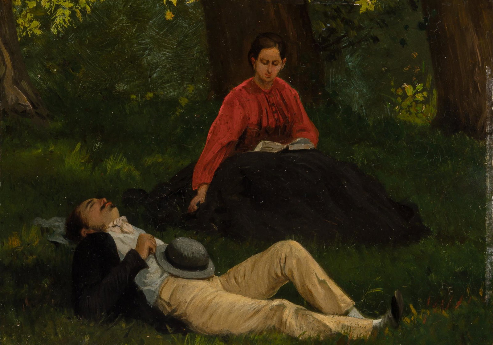 Adolphe Theodore Martial Jules Potemont French, 1828-1883 A Woman and a Man under a Tree: Adolphe Theodore Martial Jules Potemont French, 1828-1883 A Woman and a Man under a Tree Signed A. M. Potemont (lr) Oil on panel 6 7/8 x 8 5/8 inches (17.5 x 21.9 cm) C Property from the Collection of