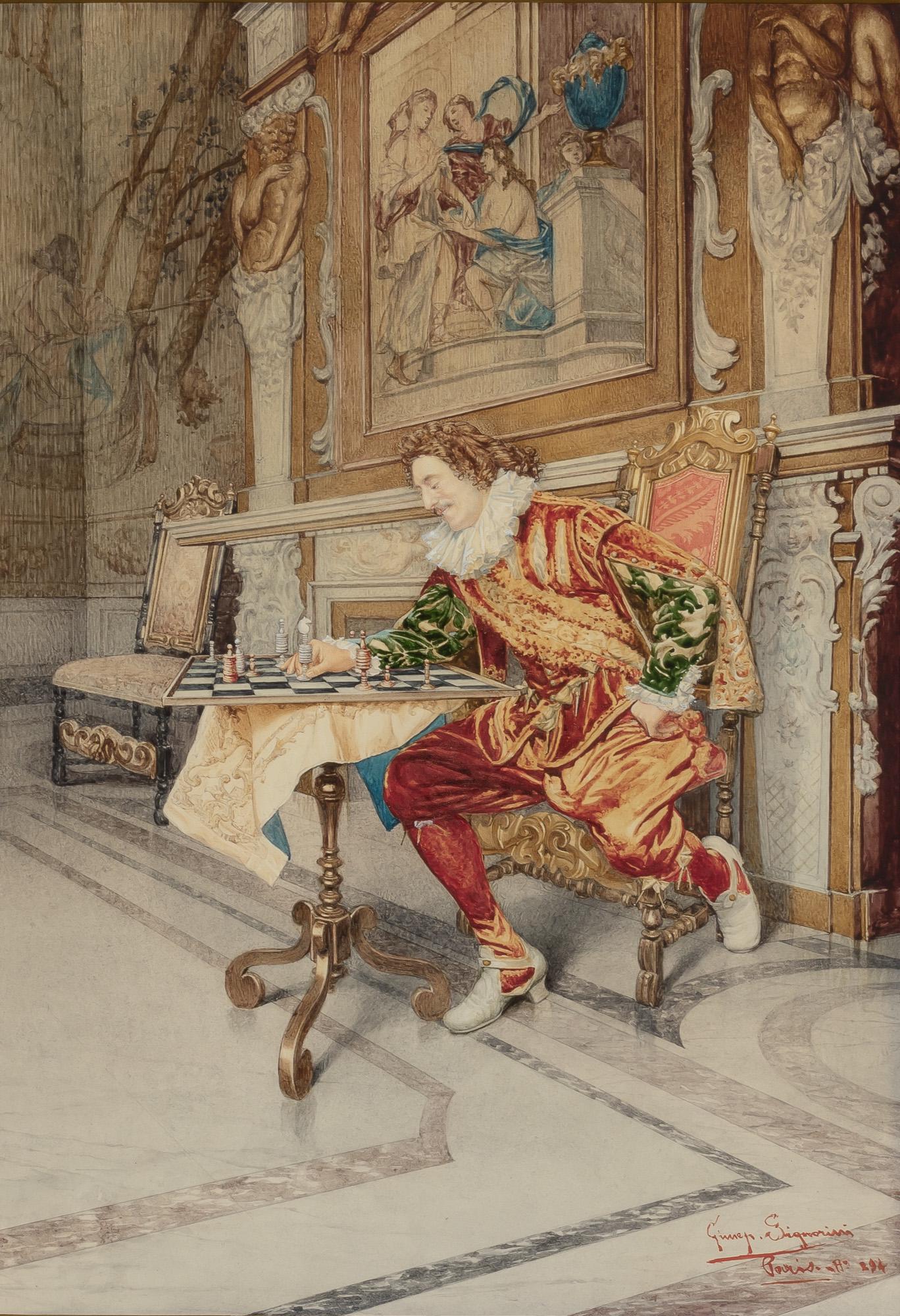 Giuseppe Signorini Italian, 1857-1932 Amateur l'echecs etudiant une partie, No. 294: Giuseppe Signorini Italian, 1857-1932 Amateur l'echecs etudiant une partie, No. 294 Signed Guisep. Signorini / Paris. No. 294 (lr); further signed, numbered 294, and inscribed as titled on the verso W