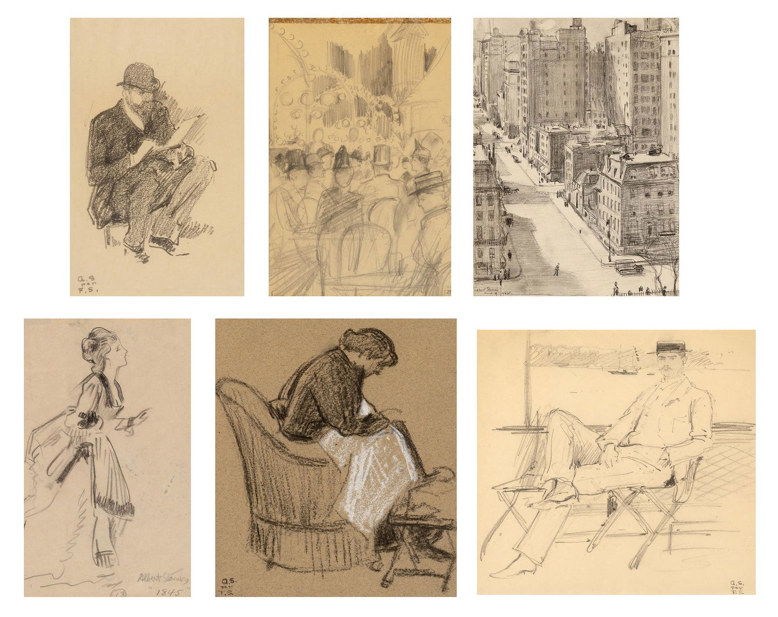 Albert Edward Sterner American, 1863-1946 Six Works: Albert Edward Sterner American, 1863-1946 (i) Crowded Street Scene Inscribed A.S. / per / F.S. (lr) and Albert Sterner - signed by his widow Flora Sterner on bottom edge Pencil on paper 12 x 9 inches