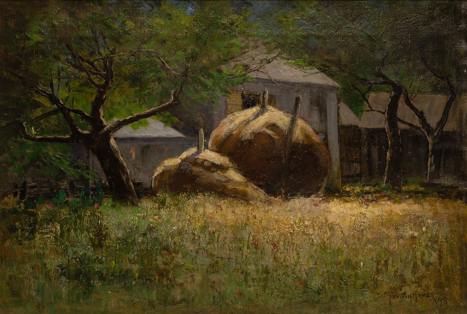George William Whitaker American, 1840-1916 Haystacks and Cottage, 1898: George William Whitaker American, 1840-1916 Haystacks and Cottage, 1898 Signed and dated G. W. Whitaker 98 (lr) Oil on canvas 13 x 19 inches (33 x 48.3 cm) C