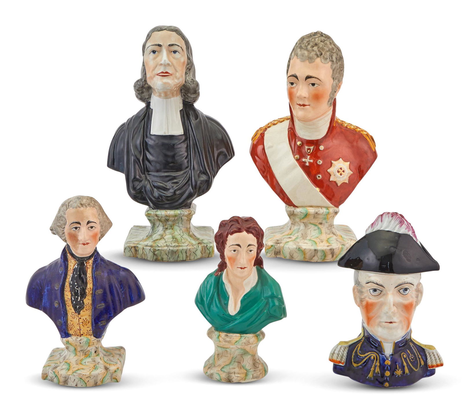 Four Staffordshire Busts; Togther with a Staffordshire Covered Jar: Four Staffordshire Busts Including depictions of George Washington and John Wesley. Height of tallest 11 1/4 inches; Together with a Staffordshire Covered Jar, height 7 3/4 inches. C Property from the