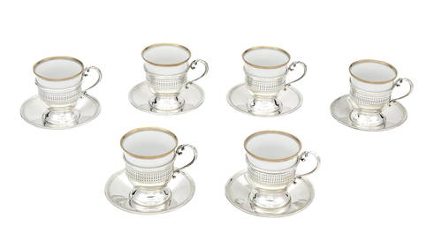 Cartier Sterling Silver Drinks Tray and Six Cartier Sterling Silver and Porcelain Demitasse Cups and (1 of 5)