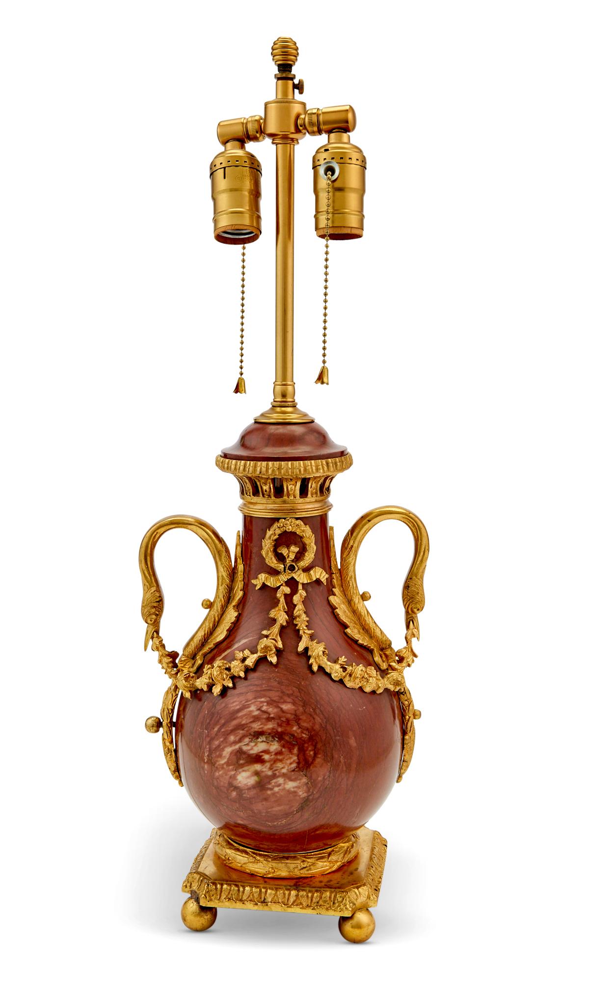 Continental Gilt-Bronze Mounted Rouge Marble Lamp (1 of 3)