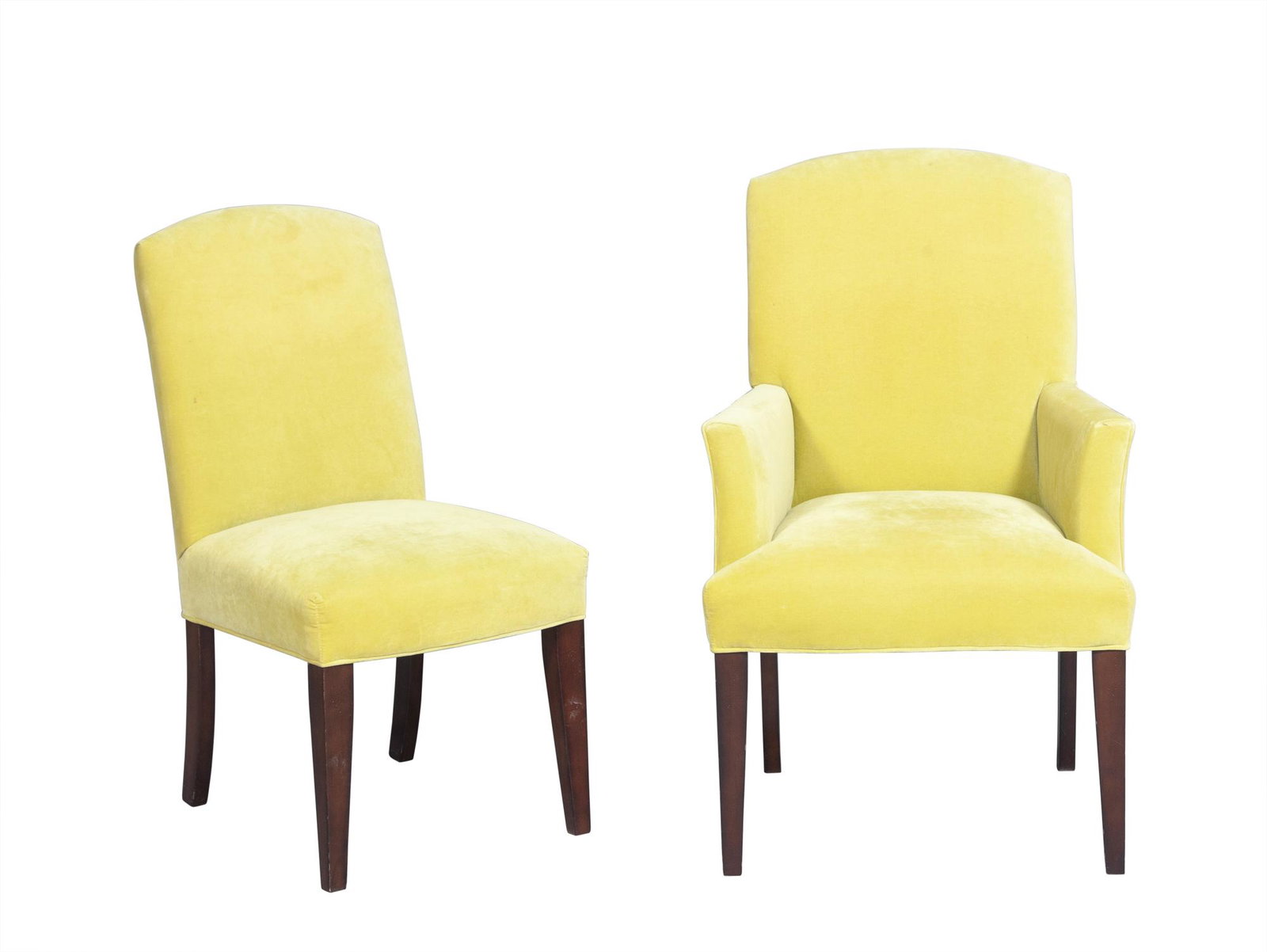 Set of Six Chartreuse Upholstered Stained Wood Dining Chairs: Set of Six Chartreuse Upholstered Stained Wood Dining Chairs Including two armchairs. Height of armchair 41 inches, width 25 1/2 inches, depth of seat 19 inches. C