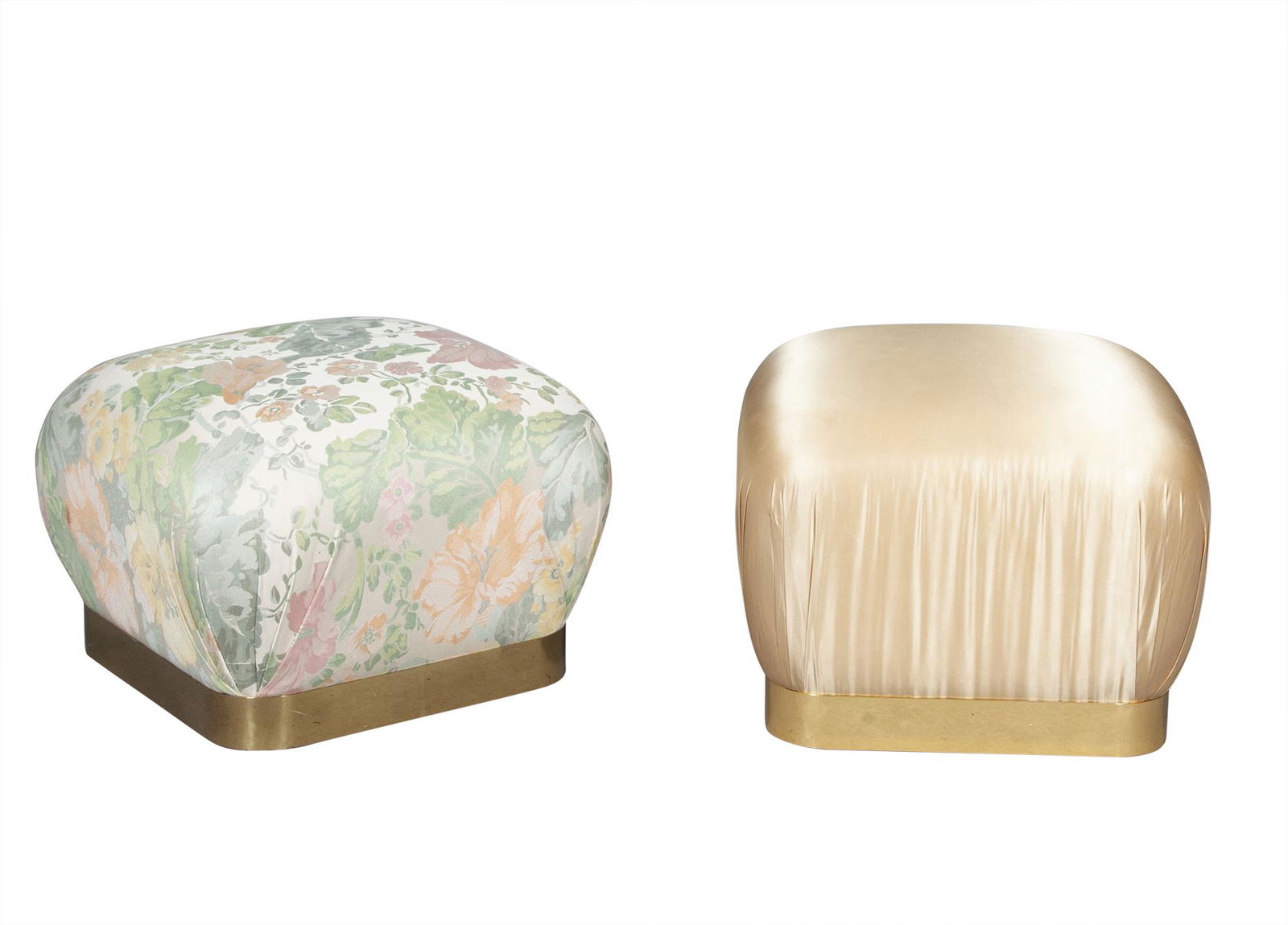 Pair of Karl Springer Brass and Floral Upholstered Soufflé Ottomans (1 of 3)
