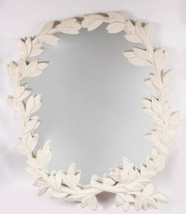 Painted Composition Mirror Decorated with Leaves: Painted Composition Mirror Decorated with Leaves Lewis Mittman, circa 1960 Height 56 inches, width 46 inches. C