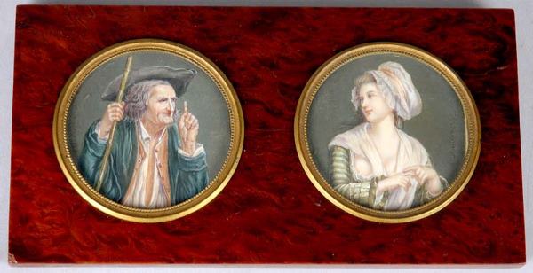 Pair of Framed Portrait Miniatures of an Old Man: Pair of Framed Portrait Miniatures of an Old Man Admonishing a Woman Attributed to Henri-Pierre Danloux Signed and dated 1783 Sight diameter 2 3/8 inches