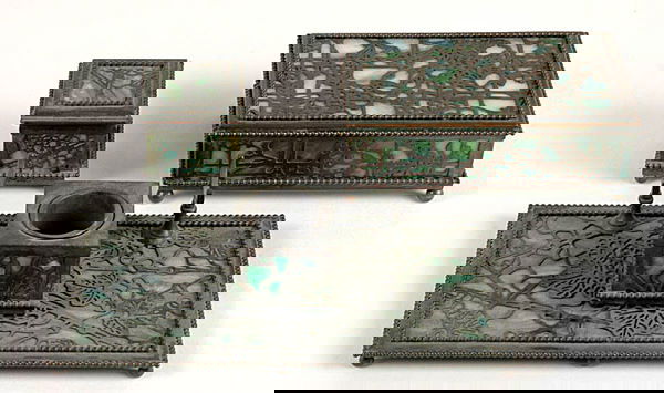 Group of Three Riviere Studios Bronze and Green S: Group of Three Riviere Studios Bronze and Green Slag Glass Desk Articles Comprising an inkstand, small square covered box, and a rectangular footed box with hinged cover. Height of rectangular box 2