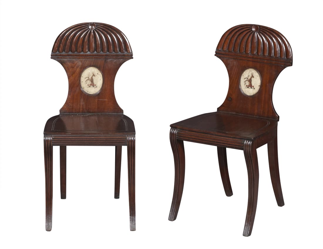Pair of Regency Mahogany and Painted Hall Chairs (1 of 4)