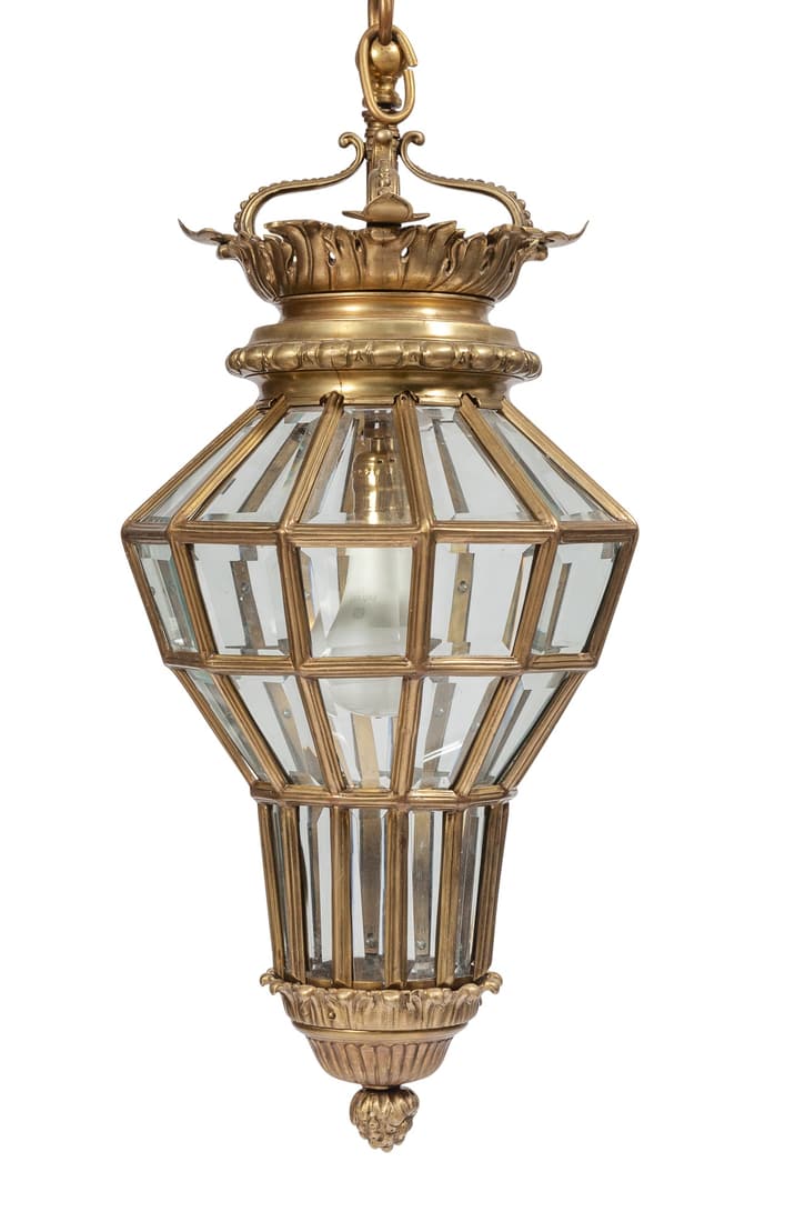 Gilt-Metal and Glass Lantern: Height approximately 23 inches, diameter approximately 13 inches.