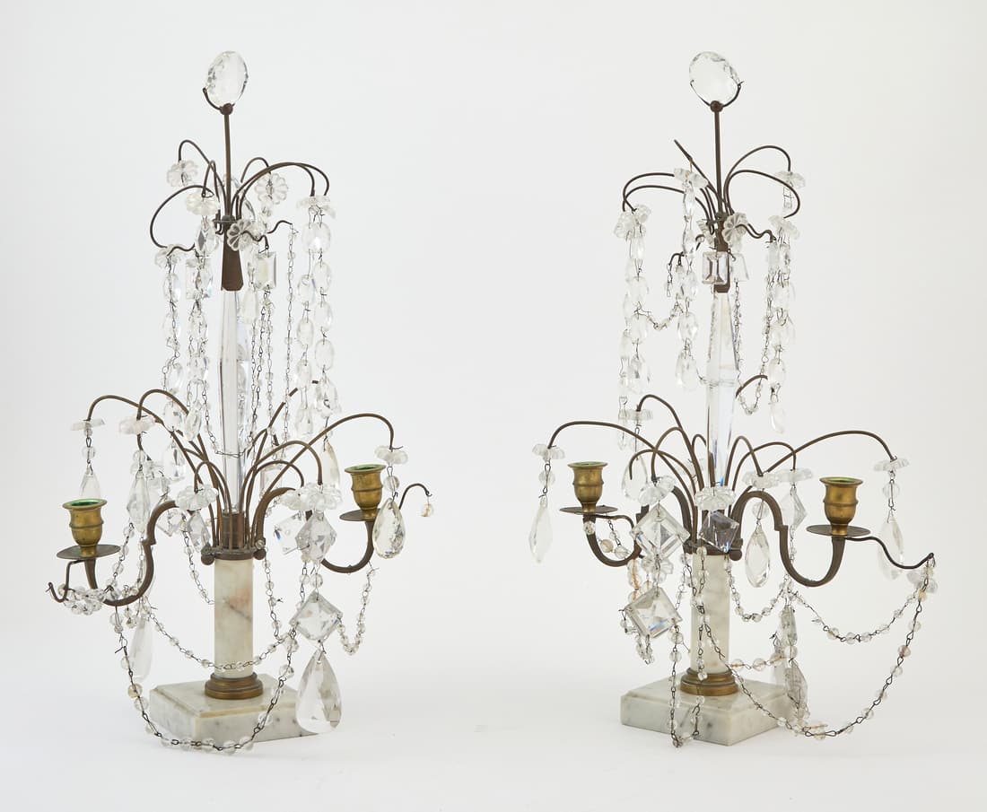 Pair of Baltic Neoclassical Style Cut-Glass and Marble Two-Light Candelabra (1 of 3)
