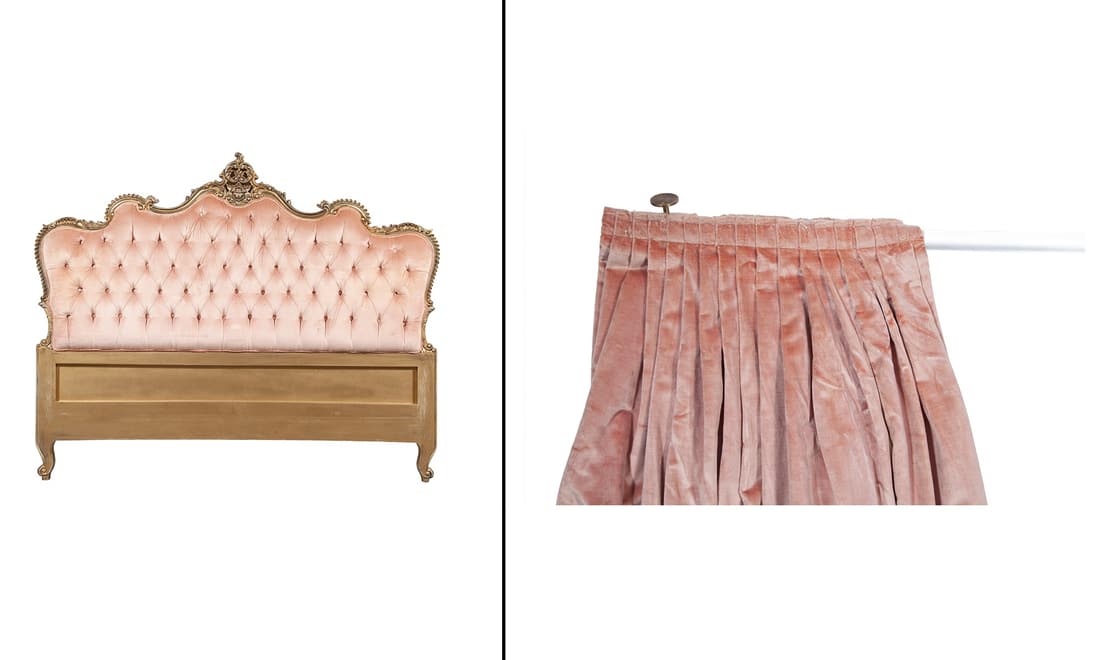 Pink Upholstered Tufted Giltwood Headboard Together with Matching Curtains (1 of 7)