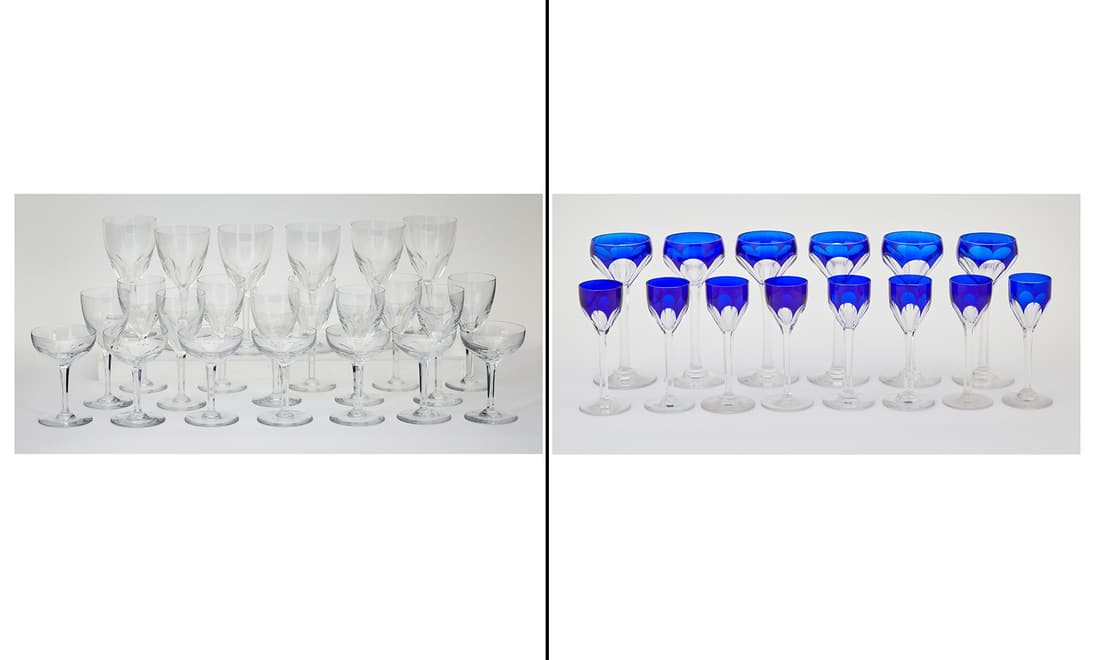 Group of Baccarat and Similar Glasses: Including eight blue-cut-to-clear cordials; ten wine glasses, height 6 1/2 inches; six wine glasses, height 7 1/2 inches; seven champagne coupes; and six similar blue cut-to-clear wine glasses, height