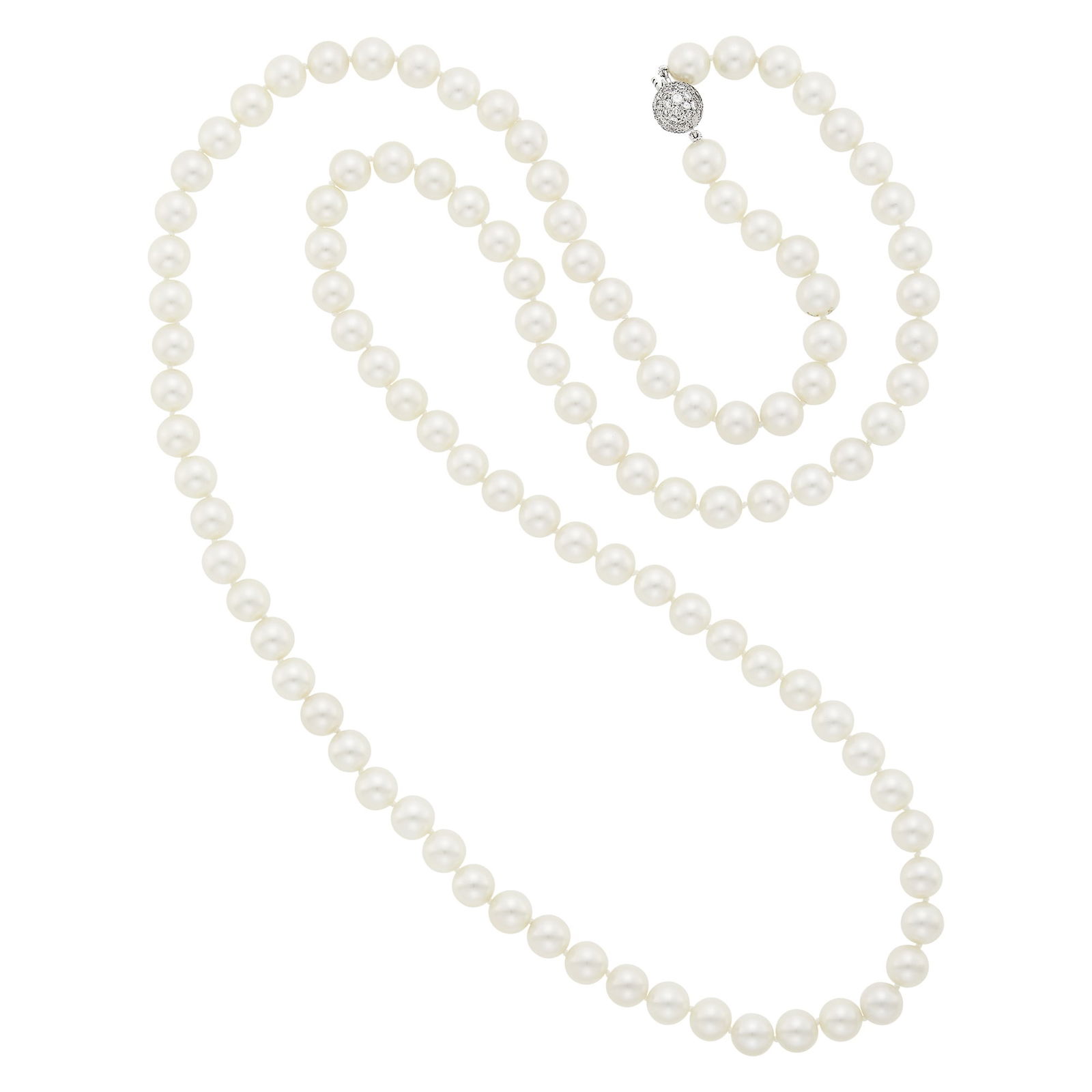 Long Cultured Pearl Necklace with White Gold and Diamond Ball Clasp (1 of 1)