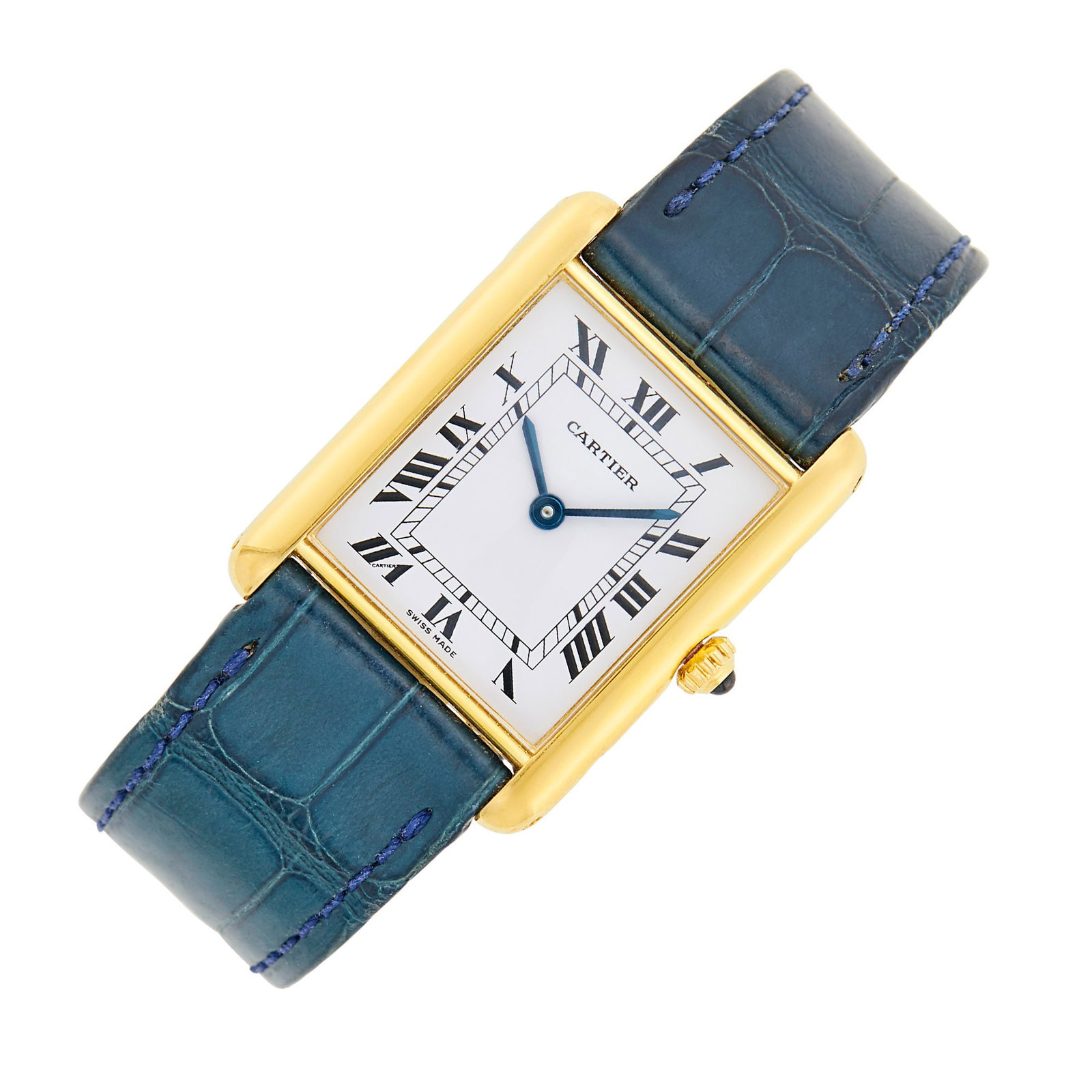 Cartier Paris Gold 'Tank' Wristwatch: 18 kt., quartz, rectangular white dial, black Roman numerals, round cabochon blue spinel crown, dia. ap. 30 xx 20.4 mm., teal croco leather strap with deployant clasp, dial, movement and clasp signed 